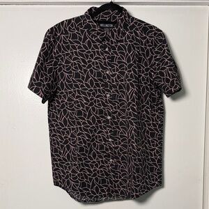 Wellington Black Short-Sleeve Button-Down Shirt with Light Pink Leaf Pattern
